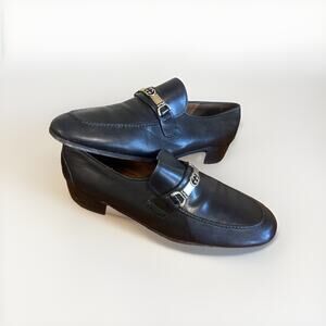 Gucci Vintage 1970s Interlocking G Mens Loafers Black Leather Shoes 10/11